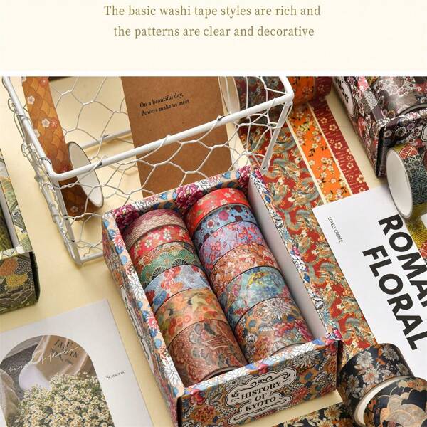 1 Box/12Rolls Handmade Decorative Tape Series - Kyoto Style, Mixed Styles Suitable For Scrapbooking, Gift Wrapping, DIY Crafts