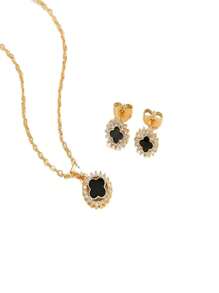 Elegantes Schmuckset aus schwarzer Kamelie und Kleeblatt-Anhänger mit Ohrringen, hochwertig und vielseitig zu tragen
