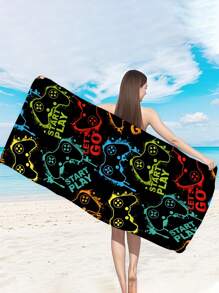 1 Stück Strandtuch mit farbenfrohem Spielcontroller-Muster - schnelltrocknend, weicher Microfaser, geeignet für Reisen, Picknick, Schwimmen, Camping und Strandausrüstung, tropischer Stil, nur Handwäsche, Camping-Artikel | Spielmuster | rechteckiges Strandtuch 70*140 oder extra groß 90*180