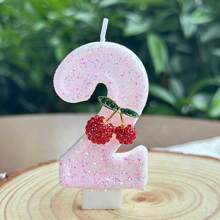 1 pieza Vela con número de cumpleaños, vela de cumpleaños con cereza, vela de pastel con lentejuelas como decoración, adecuada para celebraciones de aniversario de niñas y mujeres