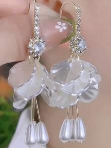 1 对复古花卉亚克力水钻长款耳环，优雅法式时尚女士配饰 - 金色 - 查看 5