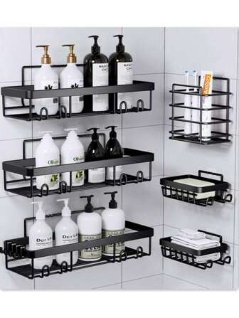 6 Packs Shower Caddy, Adhesive Bathroom Organizer, No Drilling, Large Capacity, Rustproof Stainless Steel Bathroom Shower Organizer With 4 Hooks, Shower Shelf For Inside Shower Black Back To School