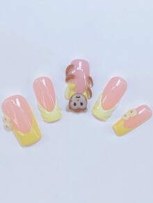 10件Y2K Nails管状按压式指甲套装 - 手工制作，粉色指甲，黄色法式尖头款式，手工3D猴子和手工香蕉片，手绘透明3D图案设计 - 适合女士和女孩，派对、婚礼、日常佩戴，包含工具包。手工假指甲。短指甲。美甲用品。猴子图案指甲。（猴子为手工制作，因此每只可能不完全相同。）美甲用品 指甲 - 彩色 - 查看 3