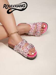 roulvxiang Plateausandalen mit Glitzer Plateausandalen für Frauen - rutschfeste Hausschuhe mit Memoryschaum