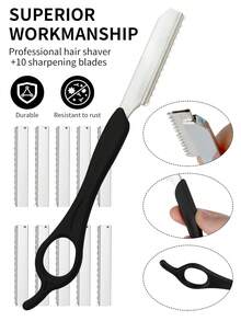 理发剃须刀 - 专业美发剃须刀套装，含 10 个替换刀片，不锈钢理发工具，用于打薄头发造型羽毛剃须刀套装，返校、旅行度假必备品，女士发饰 - 黑色 - 查看 9