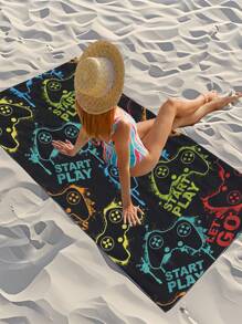 1 Stück Strandtuch mit farbenfrohem Spielcontroller-Muster - schnelltrocknend, weicher Microfaser, geeignet für Reisen, Picknick, Schwimmen, Camping und Strandausrüstung, tropischer Stil, nur Handwäsche, Camping-Artikel | Spielmuster | rechteckiges Strandtuch 70*140 oder extra groß 90*180