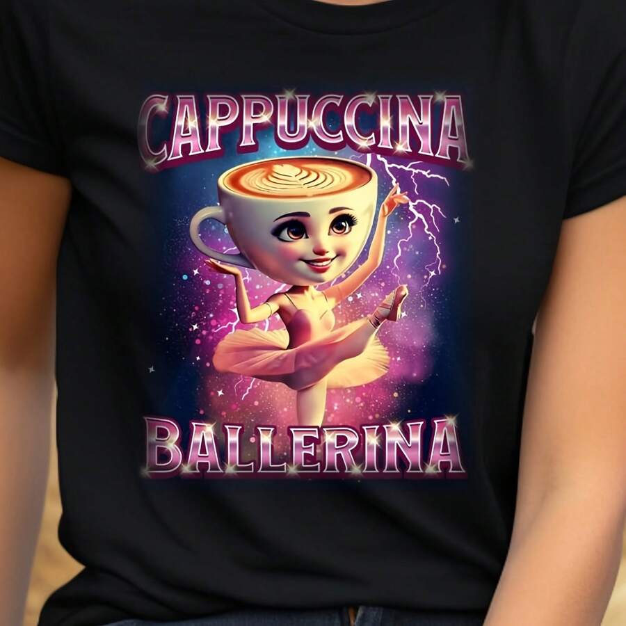 Cappuccina Ballerina , Italian Meme Shirt, Bootleg Style Rap , Viral Brainrot Shirt, Funny Cappuccino Shirt, Quirky T-Shirt 220g Cotton Crew Neck Top With Gentle Be Yours Typography And Pastel Color Design,Subtle Y2K Meets Natural Style, I For Young Wo Seeking A Calm,Great Gift For A Gentle Soul,Casual Yet Elegant Daily Wear For Garden Walks, Coffee Dates, Art Museums, Or Reading Nooks Tops For Wo Vintage Clothes Wo Clothes Wo Vintage Wo Tops Mujer Cute Tops Wo Cotton Wo Clog Halloween Camisas Summer Clothes Wo Casual Punk Western Tops Wo Fourth Of July Outfit Kpop Cowboy Outfits For Wo Ry Ropa 100% Cotton Y2k Ing Cute Gothic Wo Clothes Black And White Top Vintage Tops Cloth For Wo White Goth Inawly Retro Clothes For Wo Korean Fashion Wo Camisas Para Mujer - Black - View 1