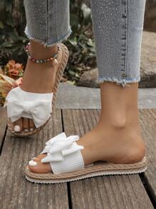 Sandales plates pour femmes, chaussures d'été confortables, sandales de plage antidérapantes pour dames, décorées d'un nœud, tissu décontracté, bride ronde. Sandales plates de printemps/été, sandales plates de printemps/automne pour dames