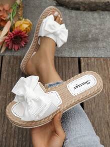 Sandales plates pour femmes, chaussures d'été confortables, sandales de plage antidérapantes pour dames, décorées d'un nœud, tissu décontracté, bride ronde. Sandales plates de printemps/été, sandales plates de printemps/automne pour dames