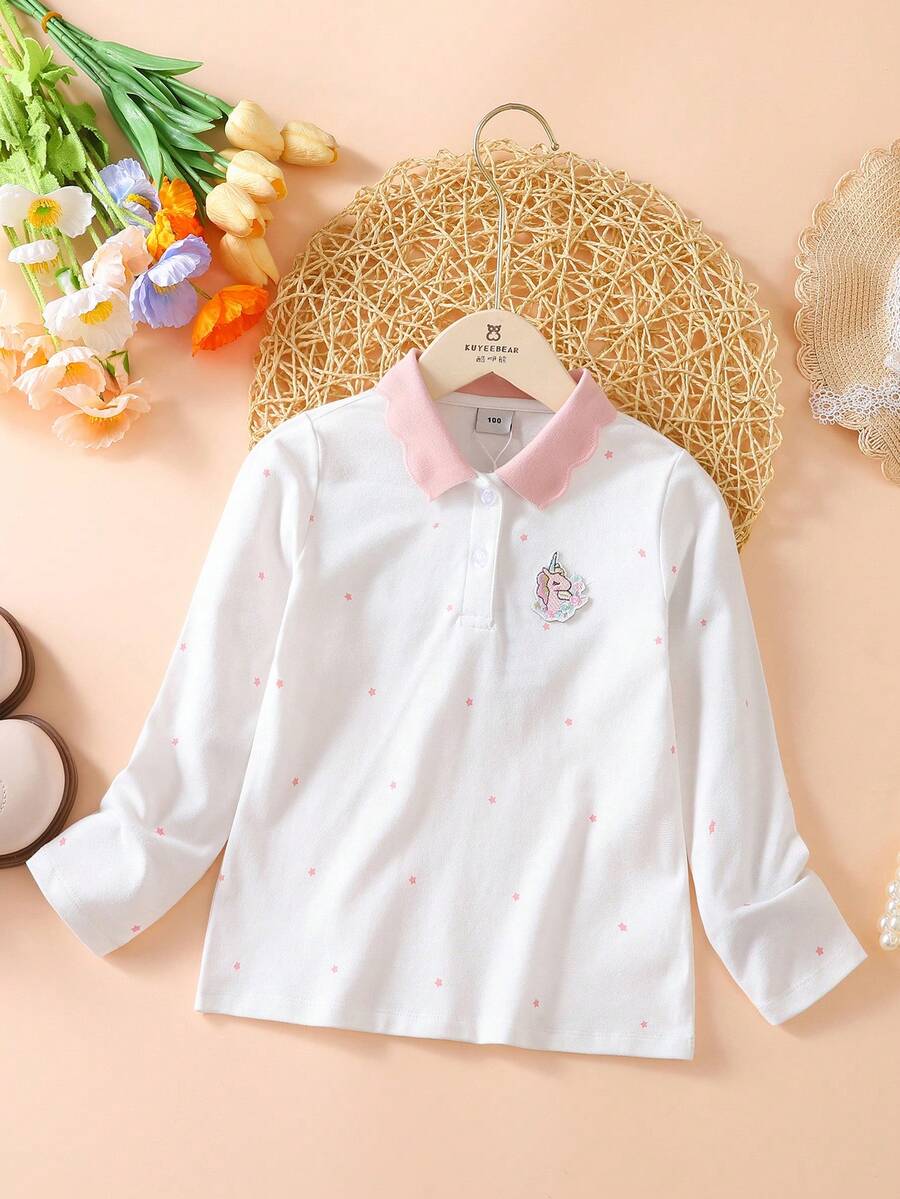 少女长袖Polo领T恤，学院风，秋季 - 白色 - 查看 1