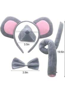 4pcs/Four-Piece Mouse Ears And Tail Set (Gray) Mouse Headband, Tail, Nose Bow, Festive Party Theme Accessory. Suitable For Makeup Dance Performance Costume Props. Halloween