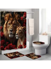 1pc/4pcs Lion Rose Pattern Shower Curtain Sets Gifts, Romatic Bathroom Sets With Shower Curtain And Rugs, WaterProof Home Bathroom Decoration And Toilet Floor Mats 3pcs Set With 12 Shower Curtain Hooks Bathroom Accessories Back To School