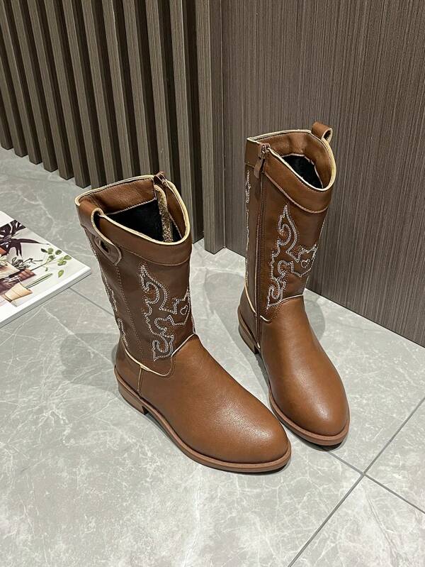 Boys & Girls Western Embroidered Cowboy Boots, New Fashion Unisex Kids Mid-Calf Vintage Style Riding Boots, Versatile