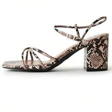 Women Strappy Square Toe Chunky Block Mid Heel Sandals – Cute Elegant Buckle Strap Heels For Spring/Summer Weddings, Bridesmaid, Date Night, Party, Prom & Business Casual Wear [Size Up Half Size] - 蛇紋PU - 查看 2