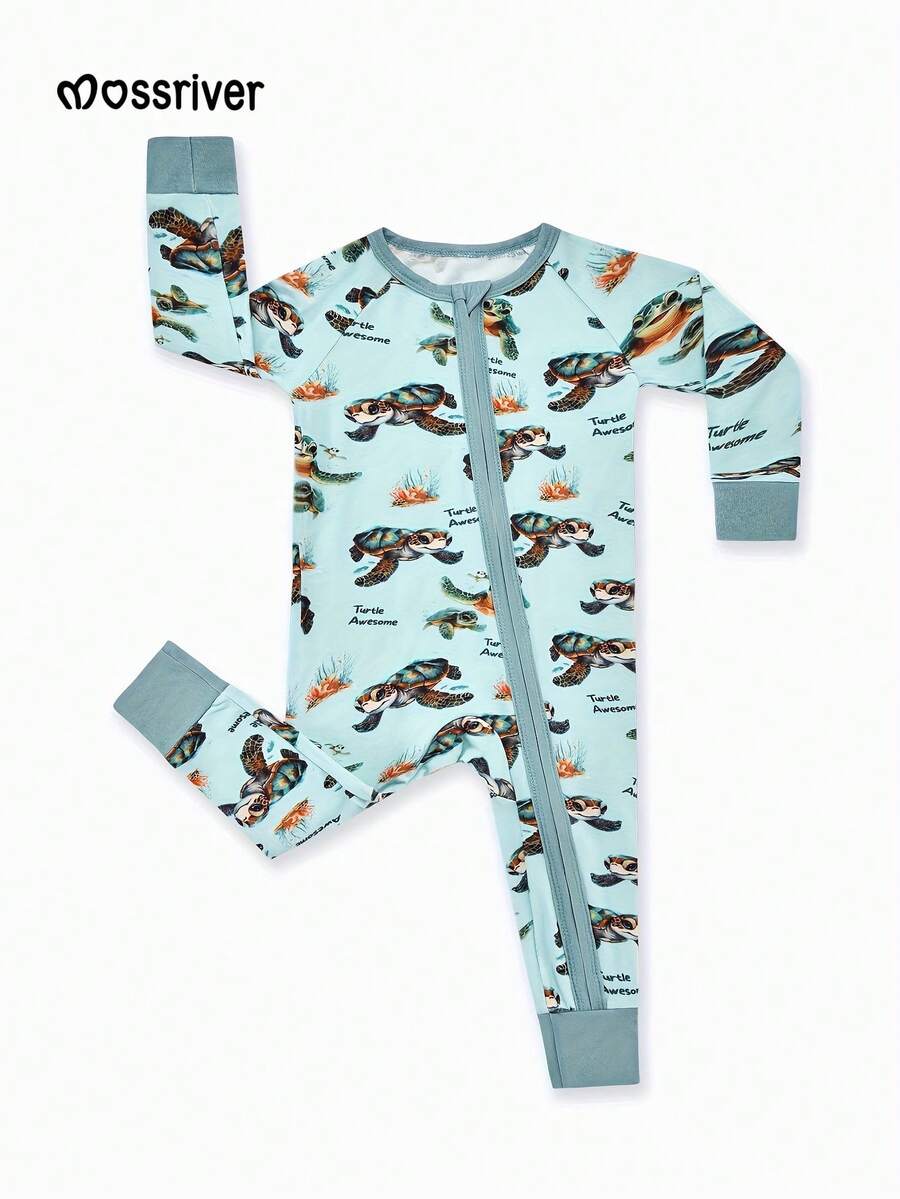 Bamboo Long-Sleeve Baby One-Piece Turtle Print - Màu xanh lam - Xem 1
