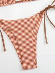 Bộ đồ bơi bikini in họa tiết kẻ sọc xanh trắng mới 2025 dành cho nữ, phong cách Châu Âu và Mỹ - Cà phê nâu - Xem 5