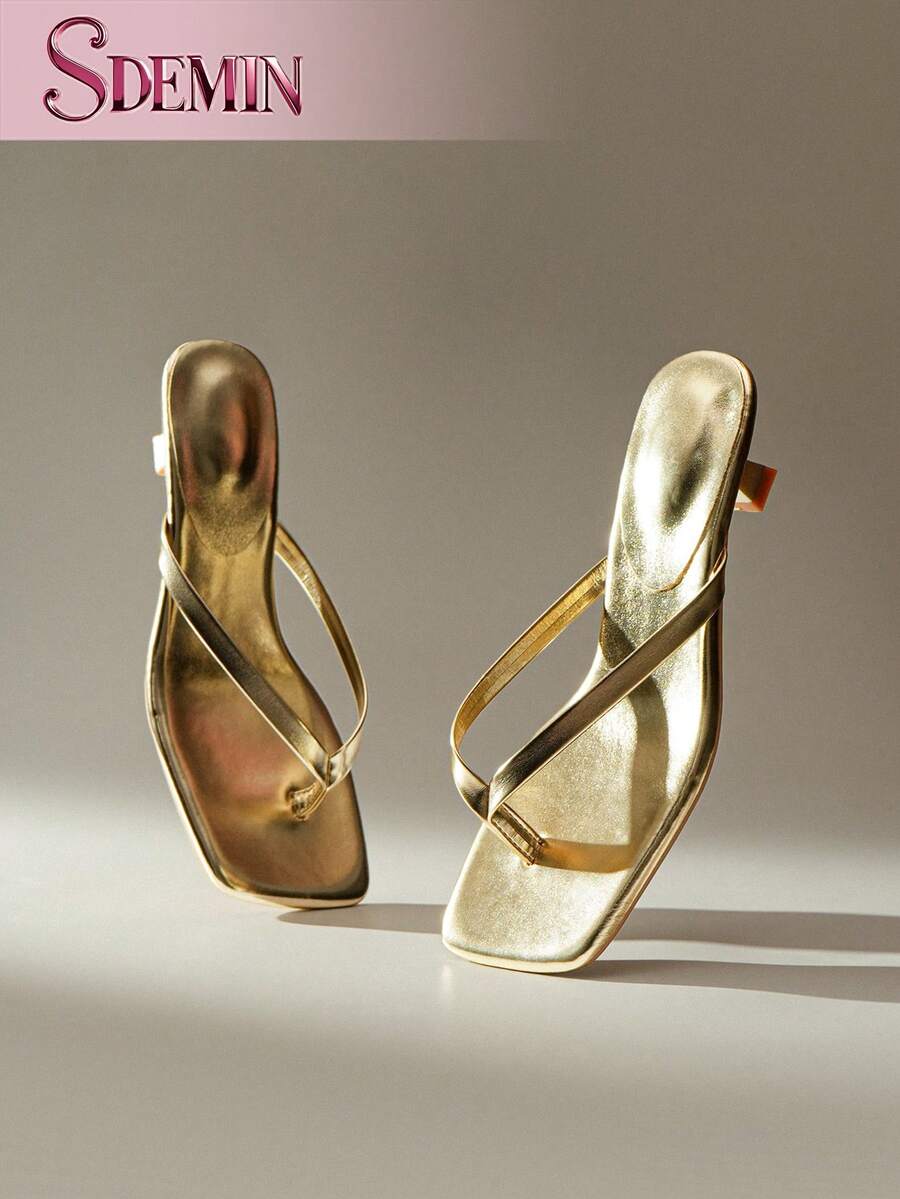 SDEMIN  Summer New Arrival Women's Solid Color Slippers, Elegant Vacation Shoes, Casual Beach High Heels Sandals, Fashionable Slip-On Heels For Dress - 金色 - 查看 1