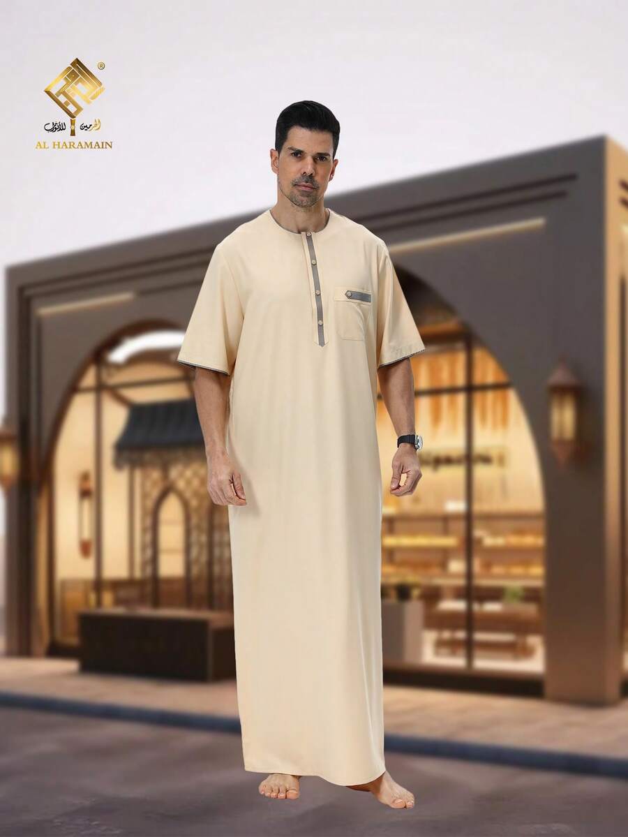 Disqoir Men's Short Sleeve Arabic Thobe, Simple Round Neck With Button Design, Regular Fit, Showcasing The Blend Of Tradition And Fashion
