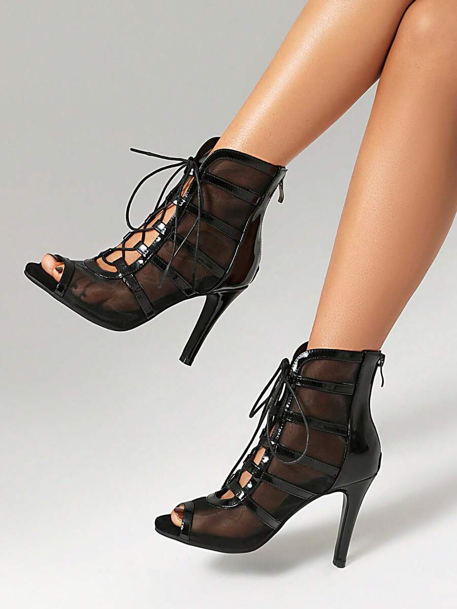 Women's Breathable Mesh Super High Heel Peep Toe Lace-Up Ankle Boots, Fashion Sexy Party Shoes For Spring, Summer, Autumn