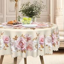 1pc Elegant Marble 3D Floral Print Round/Rectangular Tablecloth, Pink & White Flower, Luxurious Pearl Pattern Round/Rectangular Decorative Tablecloth, Party Decor, Home Kitchen Dining Table Cover, Indoor Outdoor Use, Home Decor, Holiday Gift For Family & Friends