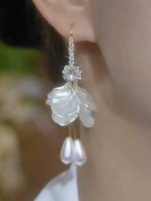 1 对复古花卉亚克力水钻长款耳环，优雅法式时尚女士配饰 - 金色 - 查看 1