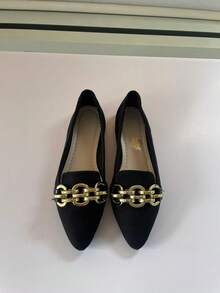 Ladies' Metal Chain Buckle Fashionable Pointed Flat Sole Single Shoes Comfortable Soft Sole One Foot Shoes Elegant Style Spring And Summer Daily Wear Black Ballet Flat Shoes Suitable For Commuting And Office Black Shoes - màu đen - Xem 7