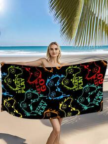 1 Stück Strandtuch mit farbenfrohem Spielcontroller-Muster - schnelltrocknend, weicher Microfaser, geeignet für Reisen, Picknick, Schwimmen, Camping und Strandausrüstung, tropischer Stil, nur Handwäsche, Camping-Artikel | Spielmuster | rechteckiges Strandtuch 70*140 oder extra groß 90*180