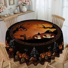 1pc Halloween Round/Rectangle Tablecloth - 60 Inch Polyester, Suitable For Halloween Decoration, Kitchen Party, Family Gathering And Picnic, Durable Tablecloth, Halloween Decor