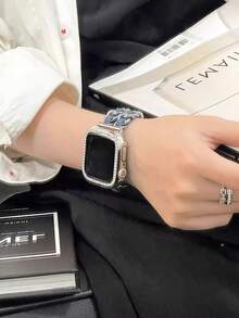 全新 PU 皮革拼布表带，适用于 38 毫米、40 毫米、41 毫米、42 毫米、44 毫米、45 毫米、46 毫米、49 毫米手表，手工制作的时尚表带，适用于手表系列 SE、10、9、8、7、6、5、4、3、2、1 - 銀淺藍 - 查看 5