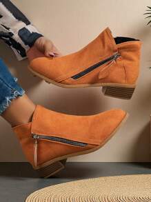 Botas Ankle de Salto Grosso Femininas, Botas Curtas de Zíper Lateral de Salto Baixo, Botas Femininas de Bico Fino de Cor Sólida para o Inverno