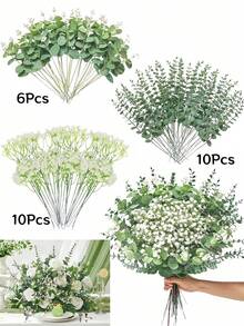 10/16/26/40/55/70/85/110/135Pcs Mixed Set Of Artificial Eucalyptus Leaf Stems, False Silver Dollar Eucalyptus Leaf Stems And Artificial Baby Breathing Flower Bulk False Leaves - Realistic And Durable False Green For Home Decoration - Baby's Breath - View 21