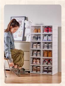 1 Stück zusammenklappbarer durchsichtiger Kunststoff Schuhaufbewahrungskasten, stapelbarer Schuhschrank Organizer für Zuhause, staubdicht