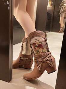 Women's Western Boots With Zipper, Mid-Calf V-Cut, Brown Color With Embroidery Retro Print Decor, Pointed Toe Chunky Heels, Tall Rider Boots, Fringes & Bow Accents