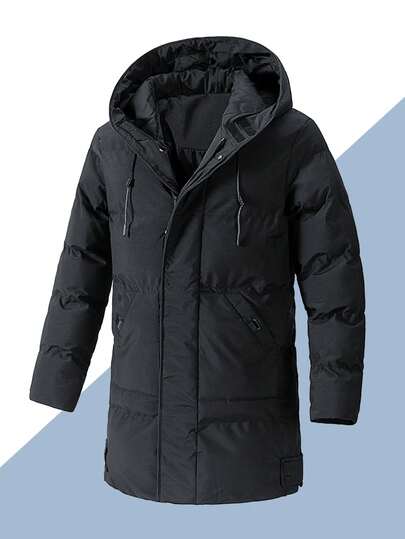 Men's Casual Thickened Padded Coat, Long Style, Solid Color, Simple Design, Versatile, Warm For Autumn/Winter, Great Gift For Friends And Family