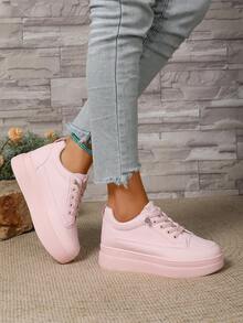 春秋时尚粉色厚底休闲圆头一脚蹬运动鞋，学院风