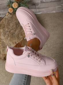 春秋时尚粉色厚底休闲圆头一脚蹬运动鞋，学院风