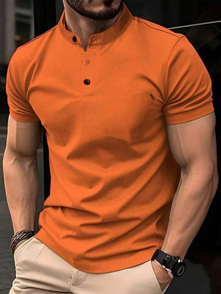 Homme Men's Short Sleeve Polo Shirt With Stand Collar, Color Block Graphic Button Down For Golf And Business Casual, For Husband - trái cam - Xem 1