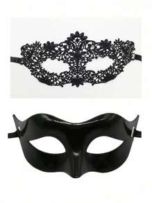 2 PIEZAS Máscaras de maquillaje de encaje negro y plástico diseñadas para hombres y mujeres, ofreciendo una opción elegante para eventos como bailes de máscaras, fiestas de Halloween, o celebraciones del Día de San Valentín