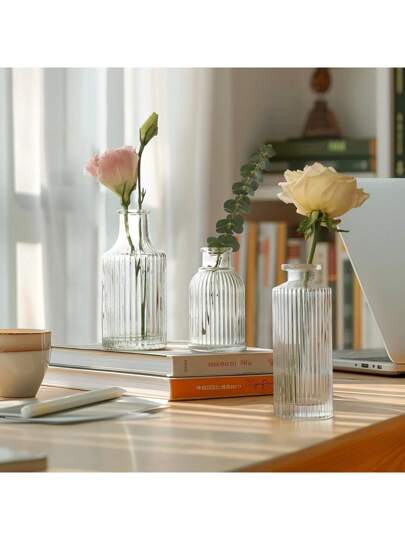 Madebyblanc 1pc Or Glass Vases, Loose Small Mini Ribbed Meubel ative Transparent Retro Vases Tabletop Wedding, Reception, Home ation view 6