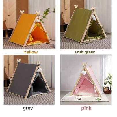 Solid Wood Indoor Cat Tent With Thick Cushion, Cute Cat/Dog Cave Bed, Puppy Tent - Kitten Tent Detachable Outdoor Tent - Four-Season Pet Tent