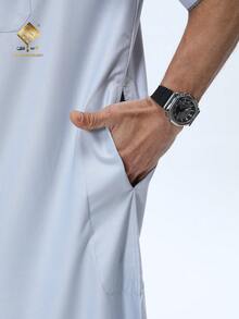 Al Haramain Men's Light Grey Short Sleeve Traditional Robe, Elegant Embroidery Accent Chest Pocket, Minimalist Sophisticated Style