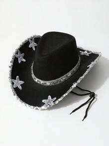 1 Stück Damen Cowboy Sonnenhut, leichter Stoff mit Pailletten-Seestern-Dekor, geeignet für Outdoor-Sonnenschutz, Strand, Western-Themen-Events, Partys, Rollenspiele, Abschluss, Maskeraden, Festivals, Hochzeiten, Geburtstage, Musikfestivals, Alltagsmode