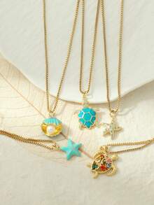 1pc Heart-Shaped Demon Eye, Star & Sun, Turtle, Bee, Conch Shaped Golden Pendant Necklace, Ocean Theme Stainless Steel Women's Jewelry - Yellow Gold - View 12