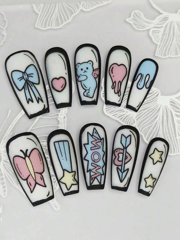 This Nail Art Set Features 10 Long Coffin-Shaped Handmade Nails With Hand-Painted Anime-Style Designs, Including Butterflies, Star Wings, And Bears, All Exuding A Glossy Luster. Designed In The New-Style Ballet Nail