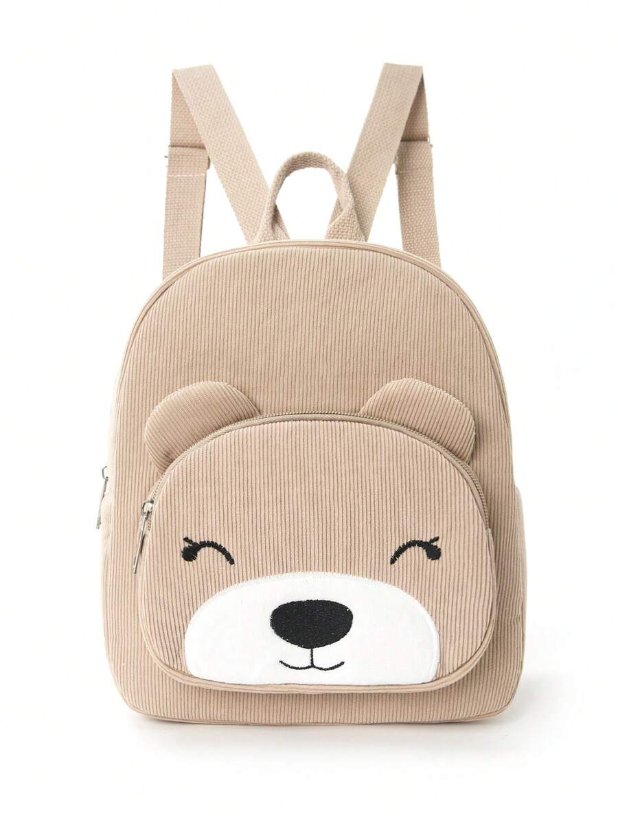 1个可爱卡通熊刺绣大容量多功能灯芯绒儿童背包，适合女孩、男孩、幼儿园、小学生、户外旅行、节日礼物 - 卡其 - 查看 1