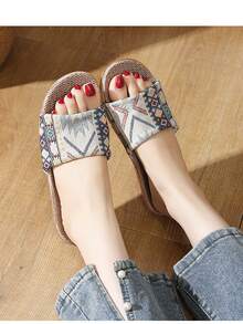 صندل شرائح من الكتان للنساء، أحذية منزلية مفتوحة من أمام، مضاد للانزلاق لجميع المواسم