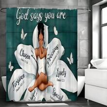1 pièce/3 pièces/4 pièces Ensemble de rideaux de douche avec verset biblique inspirant - Femme dans le motif de la fleur de lotus avec les messages "Dieu dit que tu es" (Élu, Précieux, Pardonné) | Inclut la housse de siège de toilette, tapis de bain, tapis de sol | Fond de planches de bois bleu, accents de papillon blanc | Tapis antidérapants épaissis, Tailles multiples (rideau 70,8 po H, 13,8 po/29,1 po tapis) | Parfait pour les salles de bain modernes inspirées de la foi Rentrée scolaire