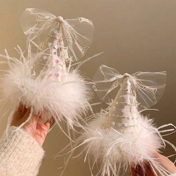 Party Star ~ Feather Birthday Hat, Bow Hair Clip, Female Photo Prop, Atmosphere, Internet Celebrity Hair Accessory And Head Accessory