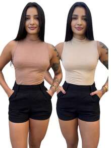 Kit 2 Women's High Neck Blouse - Beige/Brown - View 1