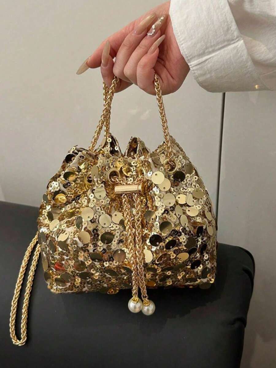 1个链条抽绳封口亮片闪亮金属仿珍珠装饰彩色女士水桶单肩斜挎包，时尚礼物，适合女士派对晚礼服，完美搭配女士舞会礼服、舞会配饰、亮片连衣裙、闪亮连衣裙、优雅连衣裙 - 金色 - 查看 1